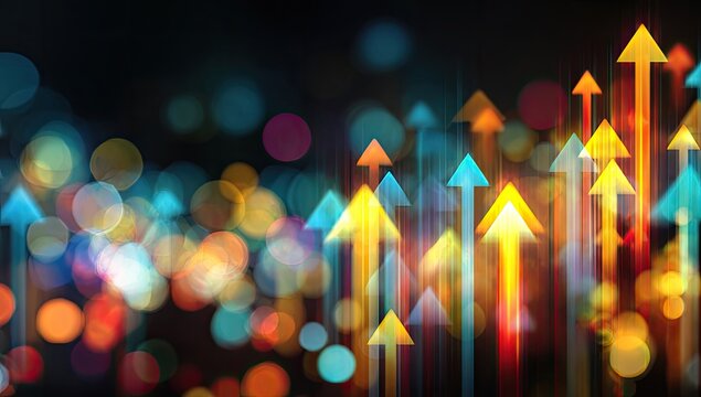 Abstract upward glowing arrows with bokeh lights on dark background