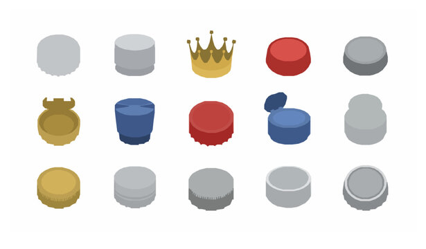 Bottle cap vector set with twist-off crown flip-top and sports caps flat design