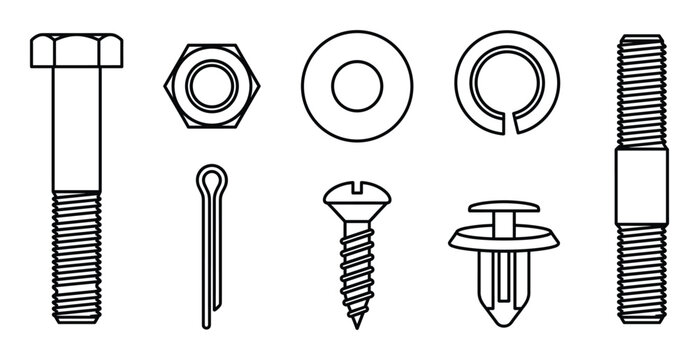 Mechanical fastener line icons set with bolt nut screw and various washers for technical blueprints