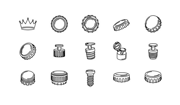 Minimal line bottle cap icon set with twist-off crown and flip-top caps vector illustration