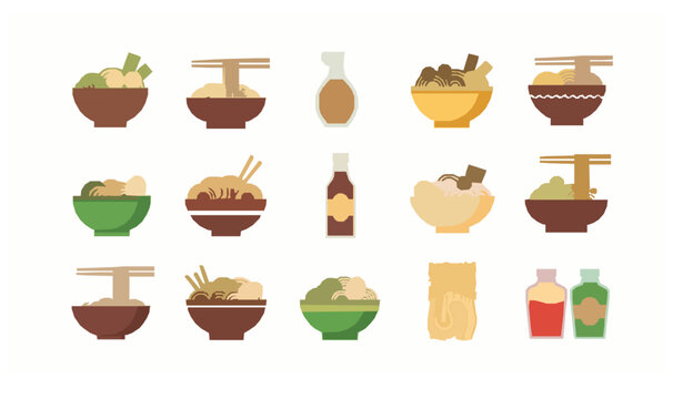 Noodle vector set with ramen spaghetti udon bowls and ingredients flat design illustration