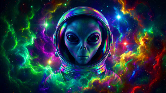 A detailed, high-resolution portrait of a captivating grey alien with large, dark eyes, wearing a futuristic, iridescent astronaut helmet, reflecting a spectrum of vibrant cosmic colors and