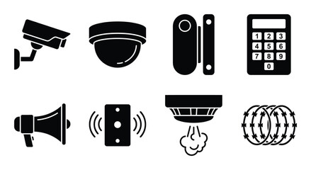 Security system icons set vector illustration surveillance camera cctv dome siren alarm sensor © GoDesigner