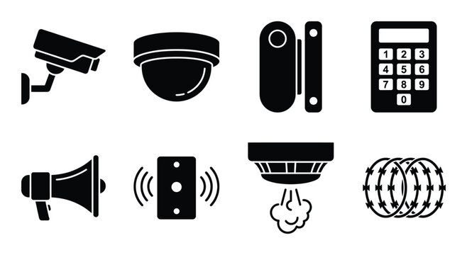 Security system icons set vector illustration surveillance camera cctv dome siren alarm sensor