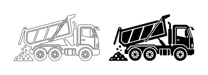 Dump truck vector icon set of heavy construction tipper vehicle for industrial delivery © Graphicdsrv