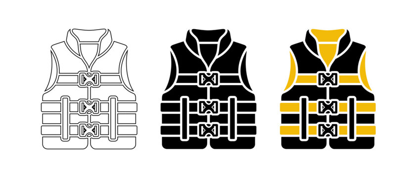 Life Jacket and Safety Vest Vector Icons for Water Sports, Marine Security, and Boating