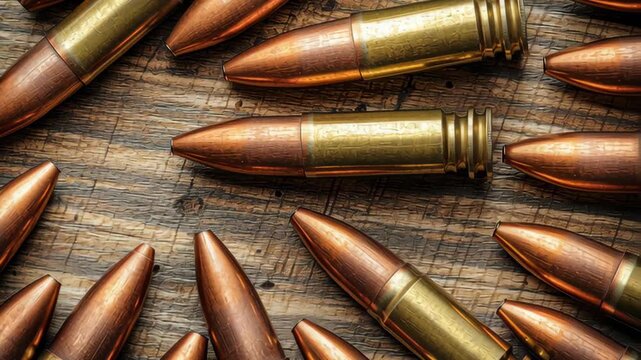 Close-up look at bullets on wooden surface with rich texture and detail