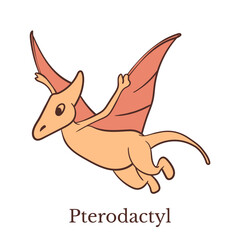 Vector illustration of Pterodactyl dinosaur in cartoon doodle style. Colorful hand drawn flying dino character isolated on white background for kids room decor, pattern, card, book illustration. © Gulsim