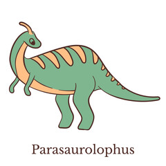Fototapeta premium Vector illustration of Parasaurolophus dinosaur in cartoon doodle style. Colorful hand drawn dino character isolated on white background for kids room decor, pattern, card, book illustration.