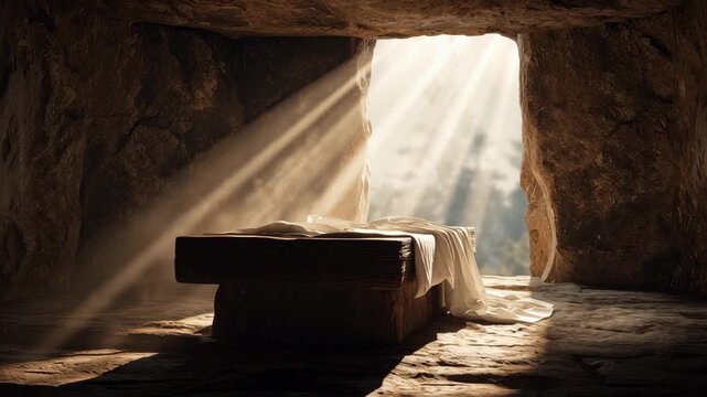 The tomb of Jesus Christ, the burial place. Light shines into a stone tomb with a white cloth on a stone table