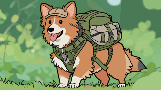 Cartoon corgi wearing a backpack stands on grass in a green forest setting