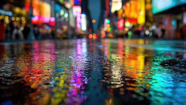 Wet city street reflecting vibrant neon lights at night