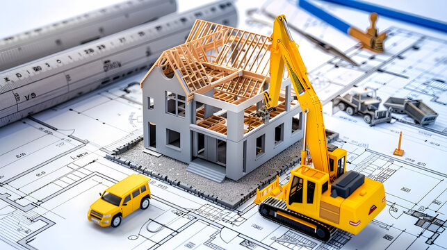 House Construction Concept with Excavator on Blueprint, Building Process Visualization. Building a House Concept, Mini Model with Construction Vehicles and Plans