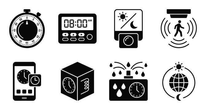 Time elements set silhouette isolated on checkered background stopwatch digital clock timer