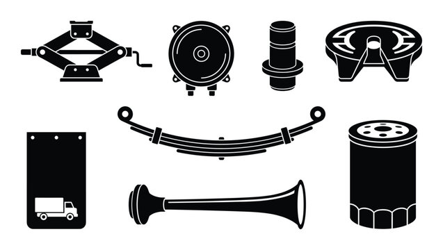 Truck parts and accessories set including hydraulic jack brake drum spring mud flap and horn