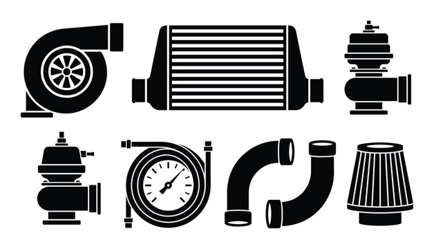 Turbocharger system components set in solid black fill for automotive design projects