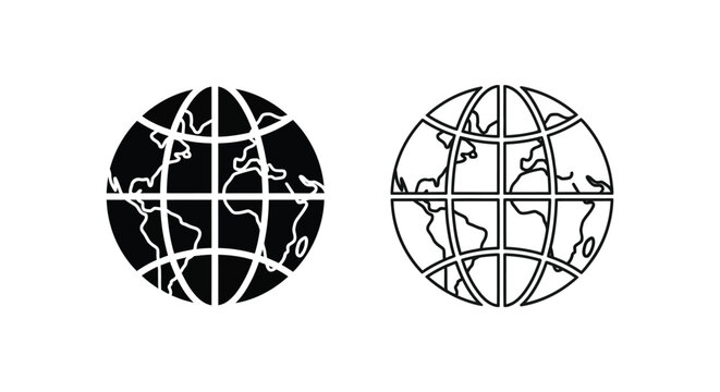 Black and white globe icons with grid lines and continents Vector