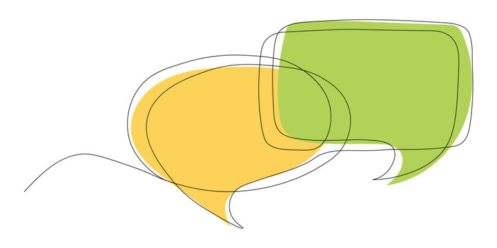 Continuous one line drawing of two speech bubbles. Yellow and green overlapping chat frames for communication and social media conversation concept. Vector Illustration.