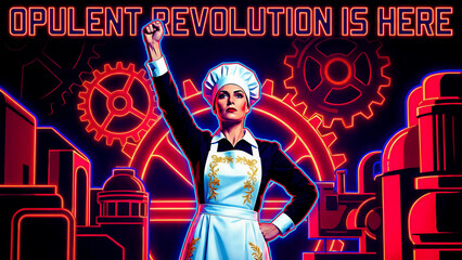 Obraz premium A determined woman, wearing a classic chef's hat and apron, confidently raises her strong fist, embodying leadership and the spirit of a vibrant, opulent revolution, depicted with striking neon