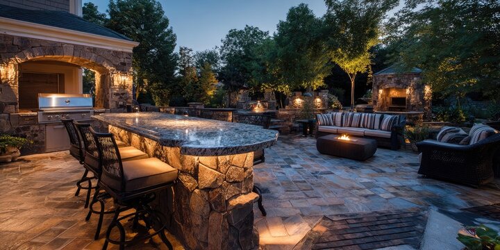 Elegant outdoor kitchen and lounge area with a granite bar and fire pit