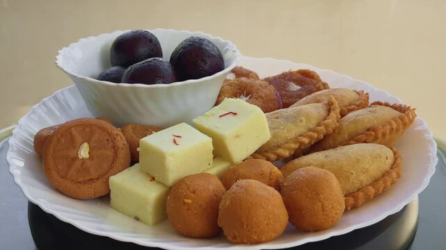 Wide turntable shot of a complete assortment of traditional Indian sweets including gulab jamun in a bowl, besan laddu, barfi cubes with saffron, peda showcasing rich textures and festive appeal.