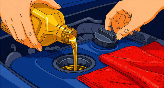 A person's hands meticulously performing essential automotive maintenance by carefully pouring fresh, golden motor oil from a vibrant yellow bottle directly into the engine's designated filler,