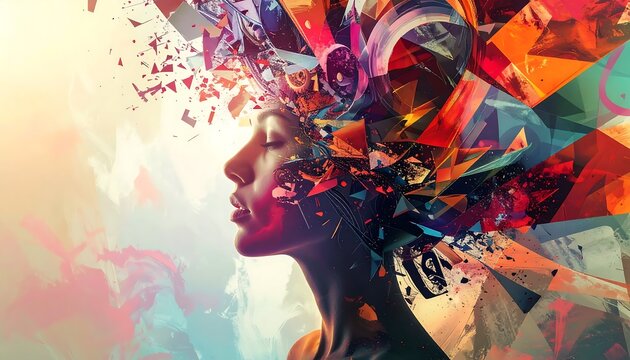 A woman's side profile with a vibrant, exploding abstract art piece