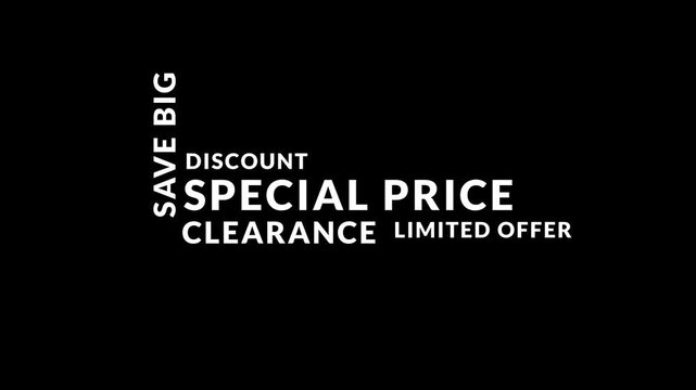 Animated sale words composition on black background. dynamic typography layout with discount phrases, motion design, promo text animation, modern marketing overlay
