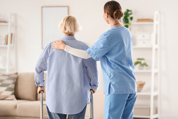 Fototapeta premium Nurse and senior woman with walker at home