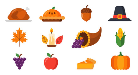 Thanksgiving icons roast turkey pie acorn pilgrim hat autumn elements © Topscor
