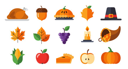 Thanksgiving symbols and autumn elements in a flat colorful graphic style © Topscor