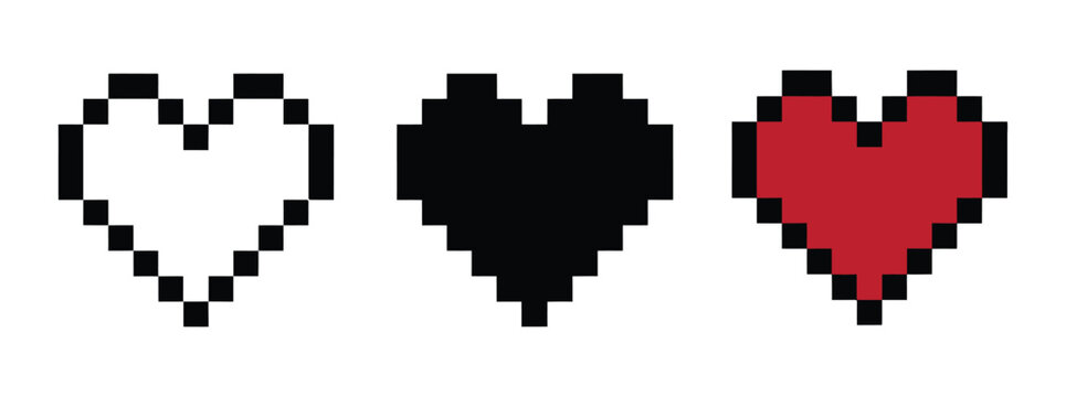 Pixel art heart icon and Empty Pixelated Heart Icon. digital symbol, pixel art, retro, nostalgia. Vector line icon for Business and Advertising Pixel heart designs flat vector illustration, retro, gam