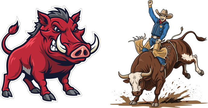 Aggressive Wild Boar Mascot and Cowboy Riding Bull Rodeo Illustration Set Dynamic Western Action Character Collection for Sports Branding Design