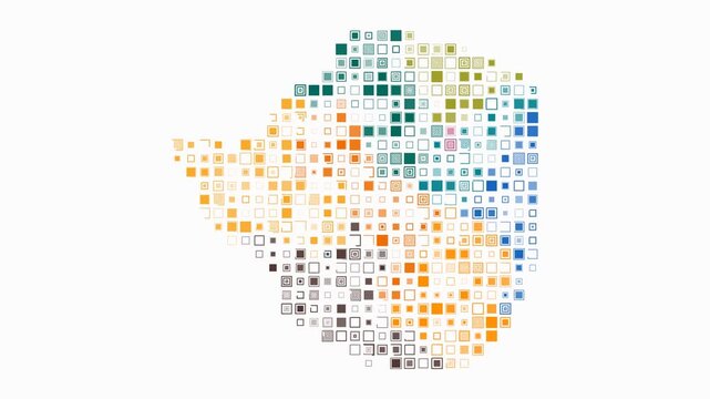 Zimbabwe animated country shape. Pulsating colored dots on the map of the country. Large size square blocks. Digital style Zimbabwe map on white background. Abstract animation video.