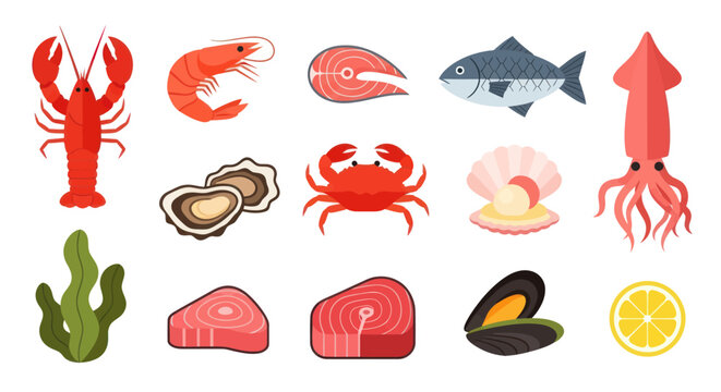 Variety of seafood icons lobster shrimp fish shellfish and more