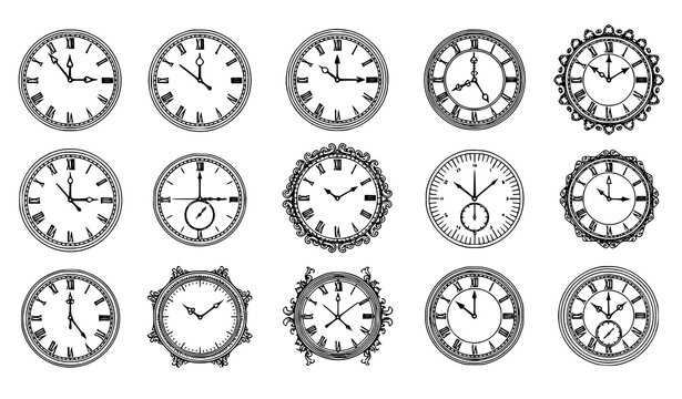 Vintage clock face vector set with ornate roman numerals antique watch dials and elegant decorative timepieces