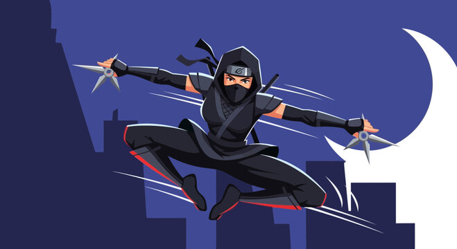 Female ninja leaping with throwing stars against moonlit city skyline