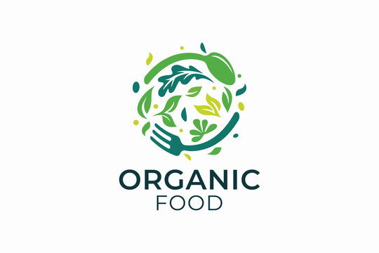 Organic Food Logo with Green Leaves, Spoon, and Fork Representing Healthy Lifestyle and Sustainability