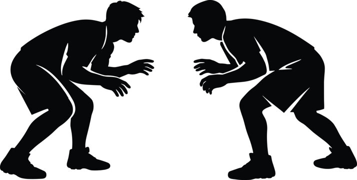 Black silhouette of two wrestlers facing off in combat stance ready for match isolated on white background sport competition concept illustration