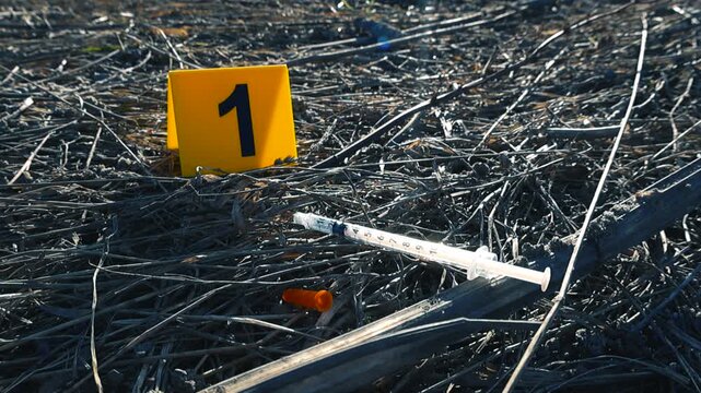 Police evidence marker number one placed next to a used syringe found in a field, marking a potential crime scene or an area of illicit drug use for forensic investigation