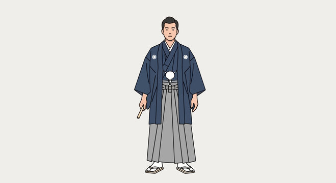 Man in traditional Japanese formal wear, hakama and haori, pointing finger