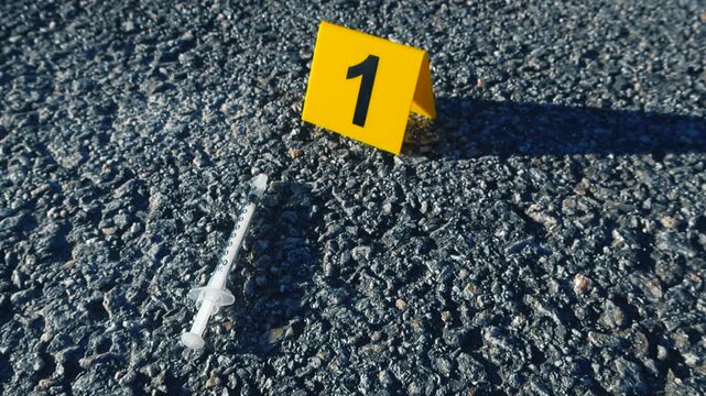 Yellow evidence marker with the number one standing on asphalt next to a discarded syringe, signaling a crime scene involving drug use or a possible overdose for investigation