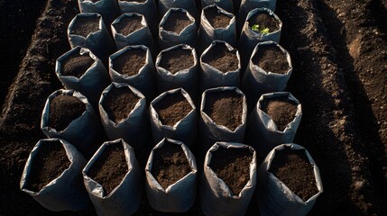 Obraz premium Top view of black polybags filled with soil arranged in rows.