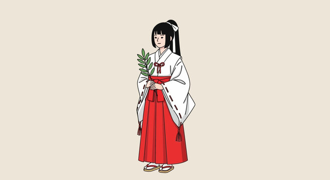 Miko Shrine Maiden in Traditional Japanese Kimono Holding Green Branch