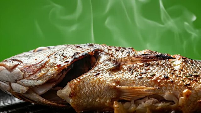 Close-up Cinematic Shot Of A Perfectly Grilled Whole Red Snapper Emitting Steam Against A Vibrant Green Studio Background With A Shallow Depth Of Field