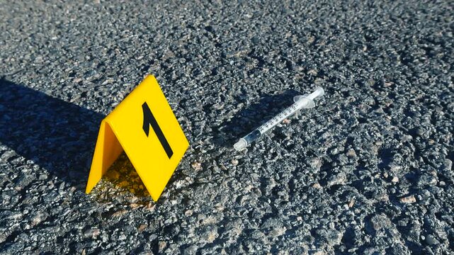 Yellow forensic marker with the number one and a discarded syringe laying on the pavement. The evidence suggests a possible drug overdose, junkie crime scene, or illicit narcotic activity
