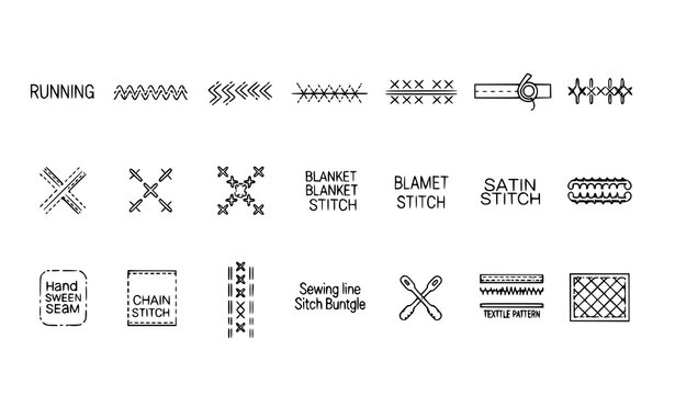 Minimal sewing machine stitch icons vector set with zigzag embroidery seams and decorative patterns