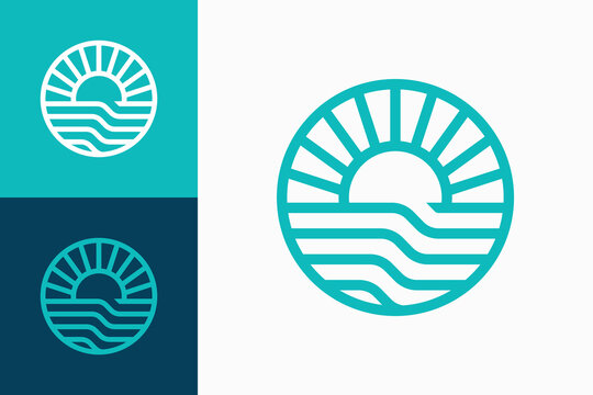 Sunrise Logo with Blue River Symbolizing Nature, Renewal, and Harmony