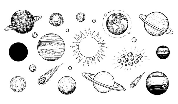 Sketch solar system vector set with hand drawn planets, orbits, and celestial bodies for astronomy illustrations