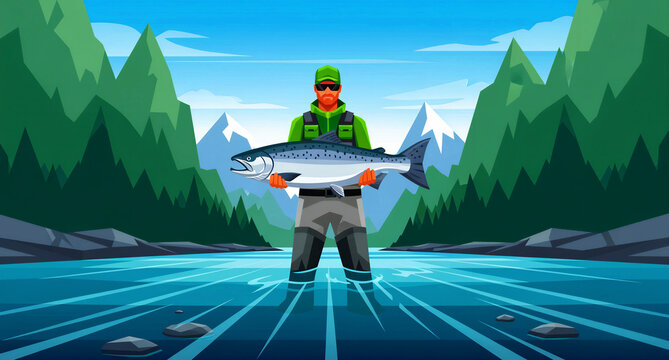 A focused angler stands triumphantly in clear river water holding a large freshly caught salmon surrounded by natural wilderness landscapes.